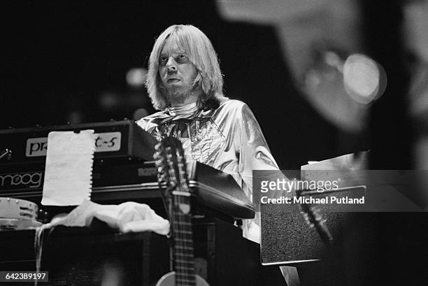 Keyboard player Rick Wakeman performing with English progressive rock group, Yes, at Madison Square Garden, New York City, September 1978. The band...