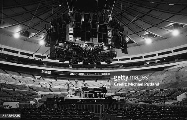 View of the stage and auditorium at Madison Square Garden before a performance by English progressive rock group, Yes, at Madison Square Garden, New...