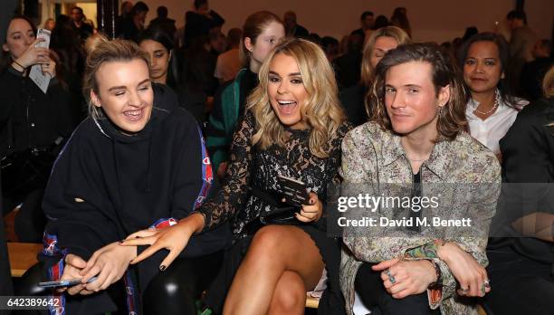 Tess Storm, Tallia Storm and Dougie Poynter attend the PPQ show during the London Fashion Week February 2017 collections at the BFC Show Space on...