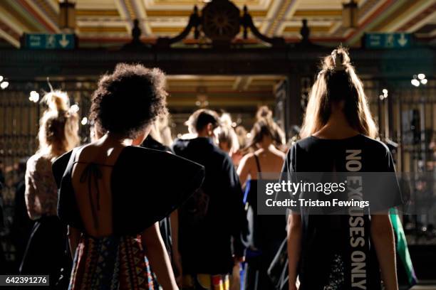Models are seen on the runway during rehearsals for the Limkokwing University show at Fashion Scout during the London Fashion Week February 2017...