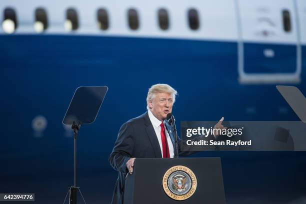 President Donald Trump addresses a crowd during the debut event for the Dreamliner 787-10 at Boeing's South Carolina facilities on February 17, 2017...