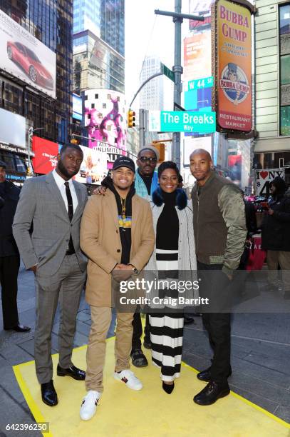 Sinqua Walls, Wood Harris, Mack Wilds, Afton Williamson, Julie Menin, Antoine Harris and Chris Ponce attend the VH1 street renaming "The Breaks Way"...