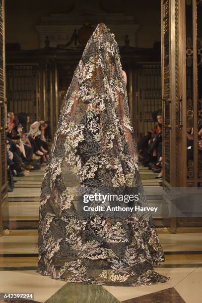 Model walks the runway at the Limkokwing University show at Fashion Scout during the London Fashion Week February 2017 collections on February 17,...