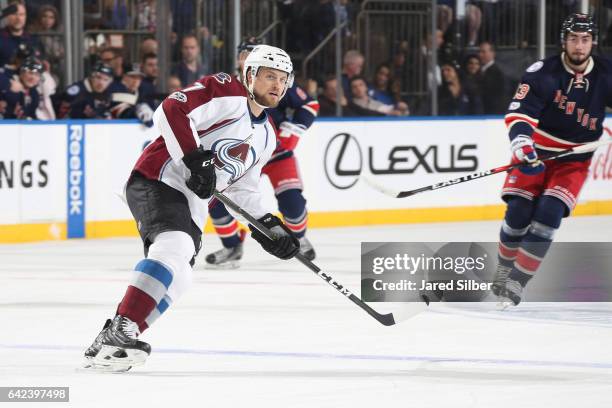 John Mitchell of the Colorado Avalanche skates against the New York Rangers at Madison Square Garden on February 11, 2017 in New York City. The New...