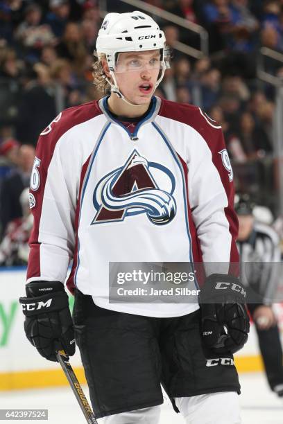 Mikko Rantanen of the Colorado Avalanche skates against the New York Rangers at Madison Square Garden on February 11, 2017 in New York City. The New...