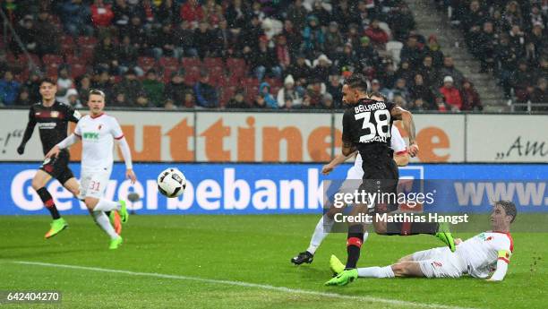 Karim Bellarabi of Leverkusen scores the 50,000th goal in the Bundesliga during the Bundesliga match between FC Augsburg and Bayer 04 Leverkusen at...