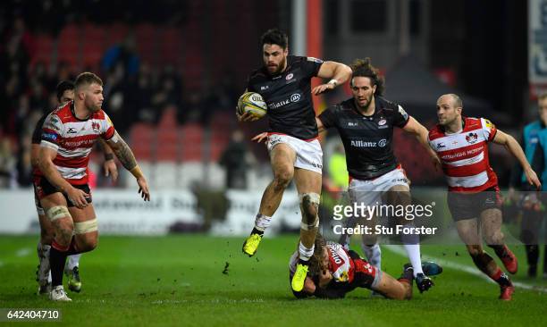 Saracens full back Sean Maitland makes a break during the Aviva Premiership match between Gloucester Rugby and Saracens at Kingsholm Stadium on...