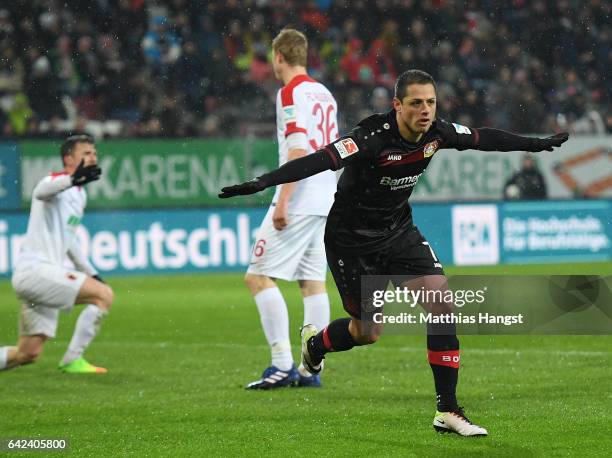 Javier Hernandez of Leverkusen celebrates scoring the second goal during the Bundesliga match between FC Augsburg and Bayer 04 Leverkusen at WWK...