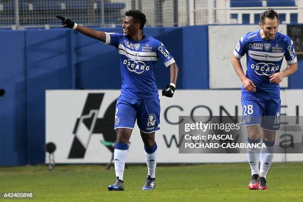 Bastia's Guinean forward Sadio Diallo celebrates after scoring a goal during the French L1 football match Bastia against Monaco on February 17, 2017...