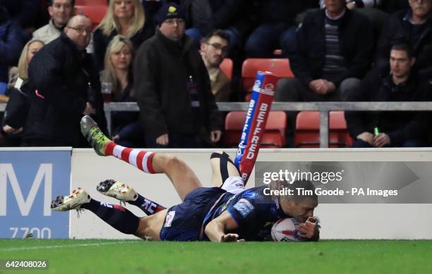 Leeds Rhinos Ryan Hall scores his side's second try of the game during the Super League match at Leigh Sports Village.