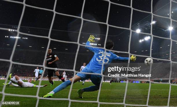 Karim Bellarabi of Leverkusen scores the 50,000th goal in the Bundesliga during the Bundesliga match between FC Augsburg and Bayer 04 Leverkusen at...