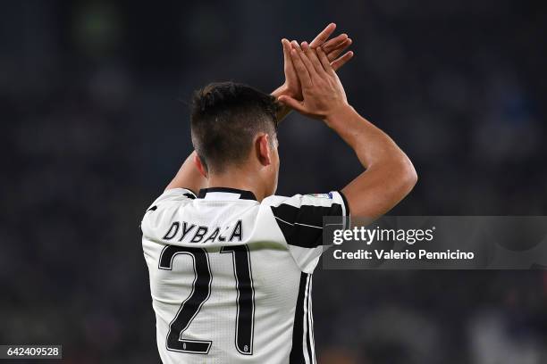 Paulo Dybala of Juventus FC reacts during the Serie A match between Juventus FC and US Citta di Palermo at Juventus Stadium on February 17, 2017 in...