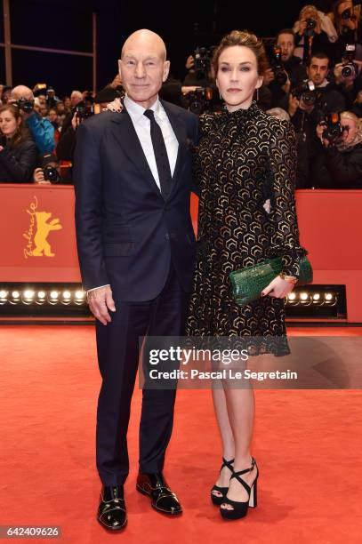 Actor Patrick Stewart and Sunny Ozell attend the 'Logan' premiere during the 67th Berlinale International Film Festival Berlin at Berlinale Palace on...