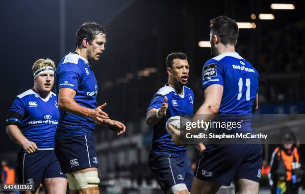Dublin , Ireland - 17 February 2017; Barry Daly is congratulated by his Leinster team-mates, from left, James Tracy, Mike McCarthy and Zane Kirchner...