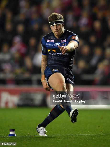 Liam Sutcliffe of Leeds kicks at goal during the Betfred Super League match between Leigh Centurions and Leeds Rhinos at Leigh Sports Village on...