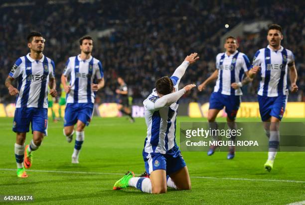 Porto's forward Andre Silva celebrates after scoring the opening goal during the Portuguese league football match FC Porto vs CD Tondela at the...