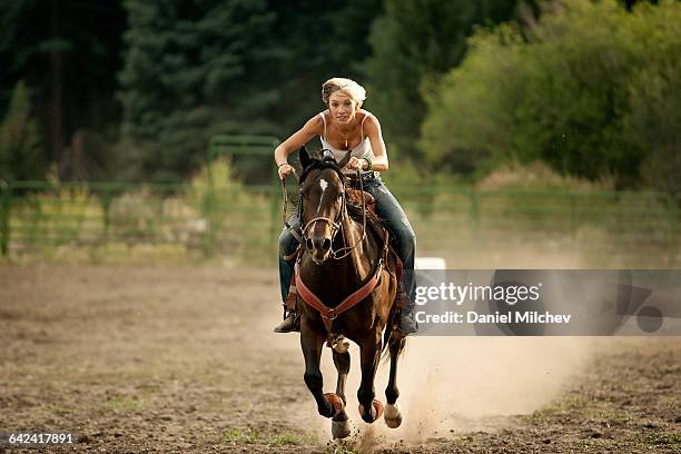 focused strong female riding a horse with speed. - paardrijden stockfoto's en -beelden