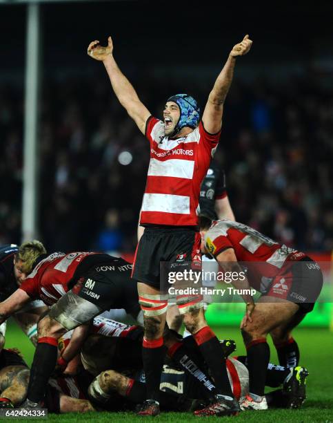 Mariano Galarza of Gloucester Rugby celebrates victory during the Aviva Premiership. Match between Gloucester Rugby and Saracens at Kingsholm Stadium...