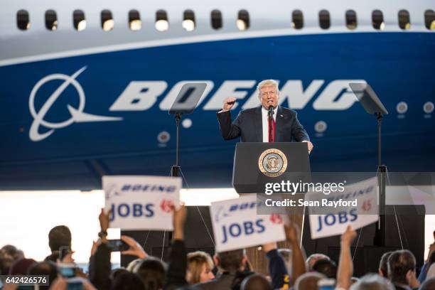 President Donald Trump addresses a crowd during the debut event for the Dreamliner 787-10 at Boeing's South Carolina facilities on February 17, 2017...