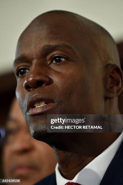 Haitian President, Jovenel Moise speaks during a press point at Toussaint Louverture International Airport, in the Haitian capital, Port-au-Prince,...