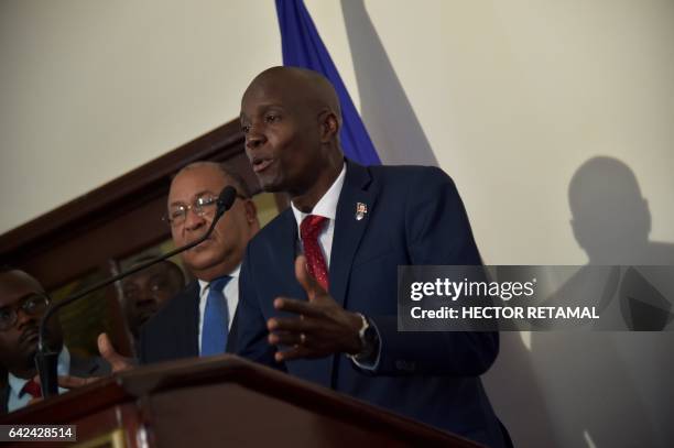 Haitian President, Jovenel Moise speaks during a press point at Toussaint Louverture International Airport, in the Haitian capital, Port-au-Prince,...