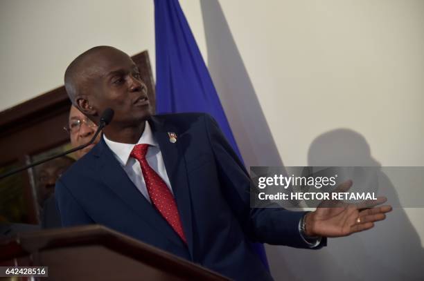Haitian President, Jovenel Moise speaks during a press point at Toussaint Louverture International Airport, in the Haitian capital, Port-au-Prince,...