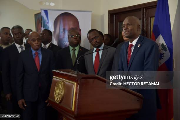 Haitian President, Jovenel Moise speaks during a press point at Toussaint Louverture International Airport, in the Haitian capital, Port-au-Prince,...