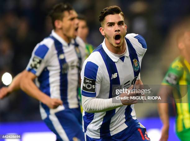 Porto's forward Andre Silva celebrates after scoring during the Portuguese league football match FC Porto vs CD Tondela at the Dragao stadium in...