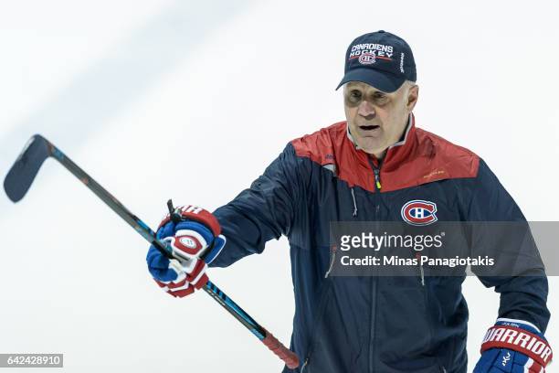 Head coach of the Montreal Canadiens Claude Julien instructs his team during the Montreal Canadiens practice session at the Bell Sports Complex on...