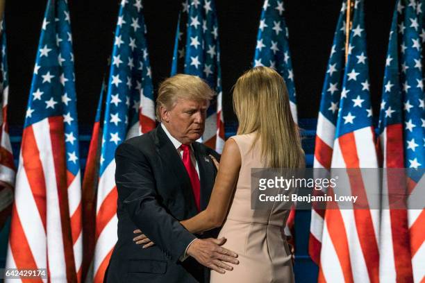 Republican Presidential candidate Donald Trump is greeted by his daughter Ivanka before addressing the Republican National Convention in Cleveland,...
