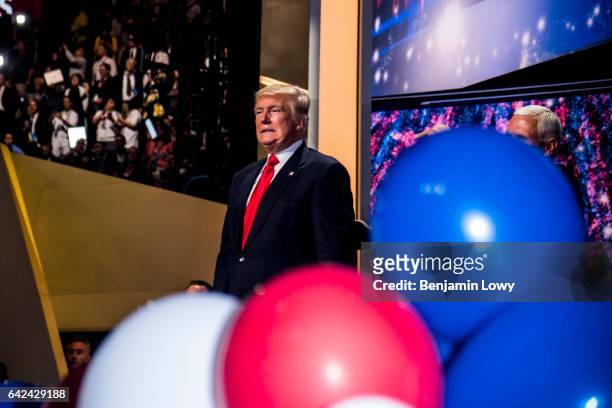 Republican Presidential candidate Donald Trump celebrates following his keynote address and nomination at the Republican National Convention in...