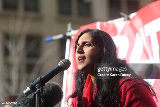 Seattle City Council member Kshama Sawant speaks at a rally held outside the courthouse where U.S. District Court for the Western District of...