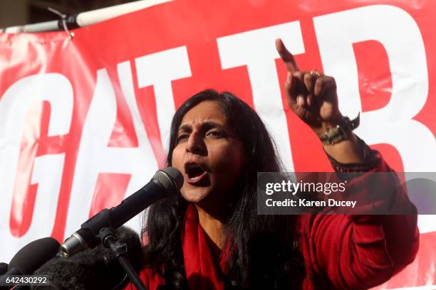 Seattle City Council member Kshama Sawant speaks at a rally held outside the courthouse where U.S. District Court for the Western District of...