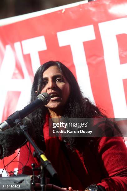 Seattle City Council member Kshama Sawant speaks at a rally held outside the courthouse where U.S. District Court for the Western District of...
