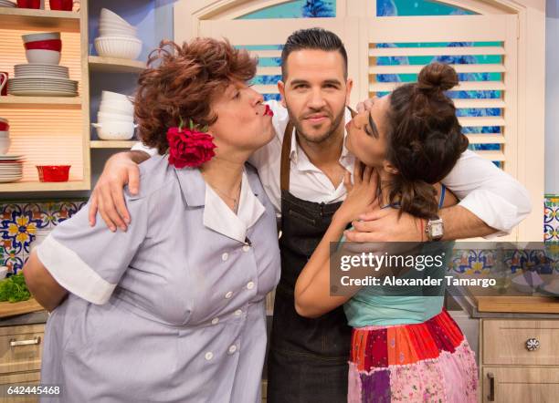 Raul Gonzalez, Chef Yisus and Francisca Lachapel are seen on the set of "Despierta America" during the 20 Year Anniversary special at Univision...