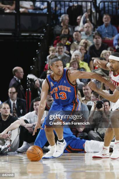 Point guard Mark Jackson of the New York Knicks dribbles the ball during the NBA game against the Portland Trail Blazers at the Rose Garden in...