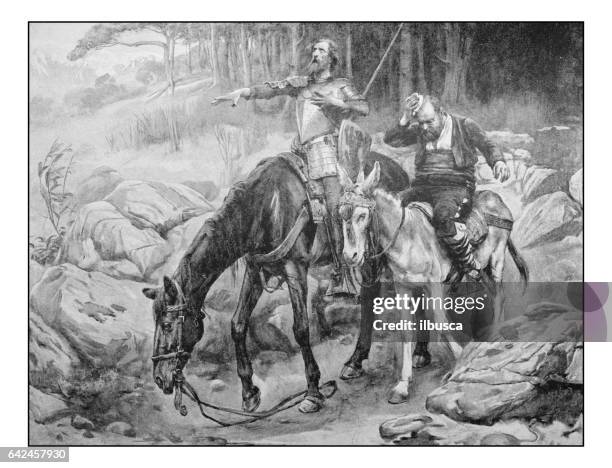 ilustraciones, imágenes clip art, dibujos animados e iconos de stock de fotos antiguas de pinturas: don quijote y sancho panza - don quixote horse
