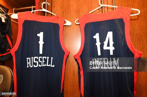 The uniforms of D'Angelo Russell and Brandon Ingram of the USA Team before the BBVA Compass Rising Stars Challenge as part of 2017 All-Star Weekend...