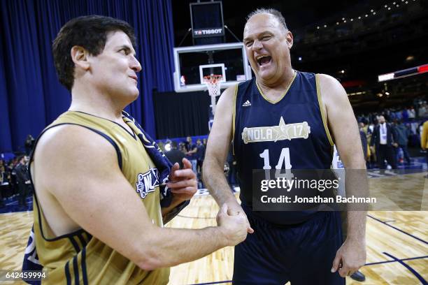 Owner Mark Cuban of the Dallas Mavericks talks to Oscar Schmidt during the NBA All-Star Celebrity Game at the Mercedes-Benz Superdome on February 17,...