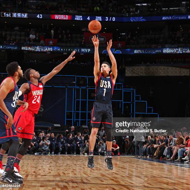 Devin Booker of the USA Team shoots the ball during the BBVA Compass Rising Stars Challenge as part of 2017 All-Star Weekend at the Smoothie King...