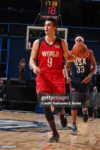 Dario Saric of the World Team dribbles the ball up court during the BBVA Compass Rising Stars Challenge as part of 2017 All-Star Weekend at the...