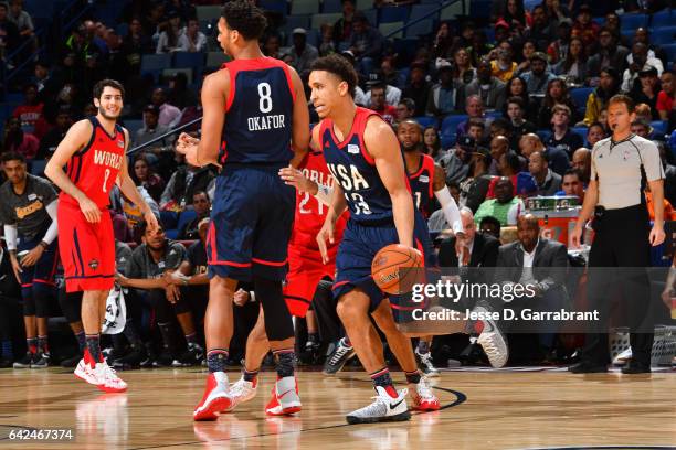 Malcolm Brogdon of the USA Team handles the ball during the BBVA Compass Rising Stars Challenge as part of 2017 All-Star Weekend at the Smoothie King...