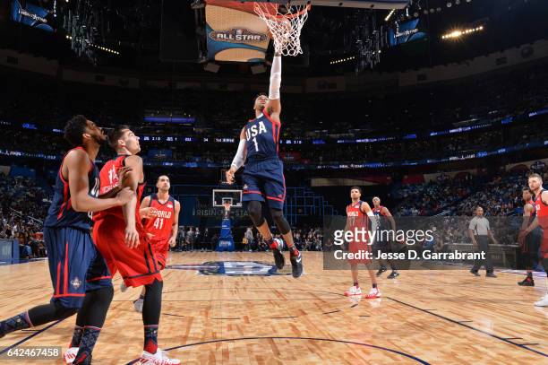 Angelo Russell of the USA Team goes up for a lay up during the BBVA Compass Rising Stars Challenge as part of 2017 All-Star Weekend at the Smoothie...