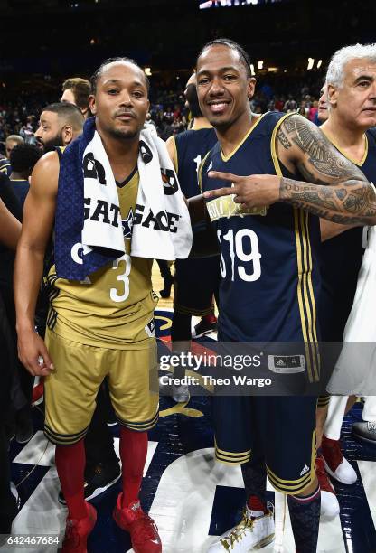 Romeo Miller and Nick Cannon attend the 2017 NBA All-Star Celebrity Game at Mercedes-Benz Superdome on February 17, 2017 in New Orleans, Louisiana.