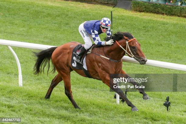 Ducimus ridden by Noel Callow wins the Talindert Stakes at Flemington Racecourse on February 18, 2017 in Flemington, Australia.