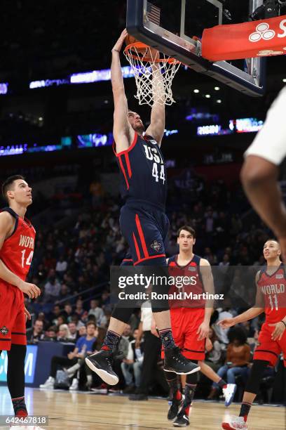 Frank Kaminsky of the Charlotte Hornets dunks the ball in the second half against the World Team during the 2017 BBVA Compass Rising Stars Challenge...