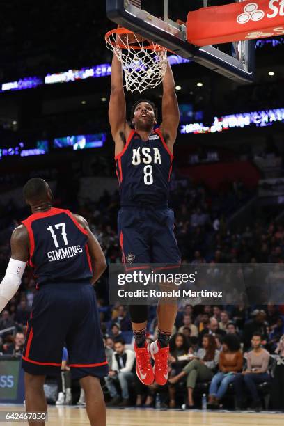 Jahlil Okafor of the Philadelphia 76ers dunks the ball in the second half against the World Team during the 2017 BBVA Compass Rising Stars Challenge...