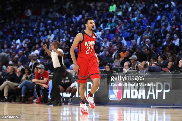 Jamal Murray of the Denver Nuggets reacts in the second half against the US Team during the 2017 BBVA Compass Rising Stars Challenge at Smoothie King...