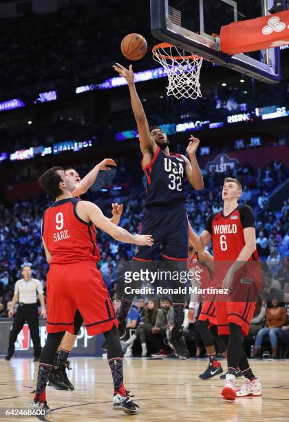 Karl-Anthony Towns of the Minnesota Timberwolves shoots the ball in the second half against the World Team during the 2017 BBVA Compass Rising Stars...