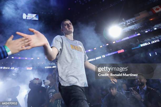 Nikola Jokic of the Denver Nuggets is introduced prior to the 2017 BBVA Compass Rising Stars Challenge at Smoothie King Center on February 17, 2017...